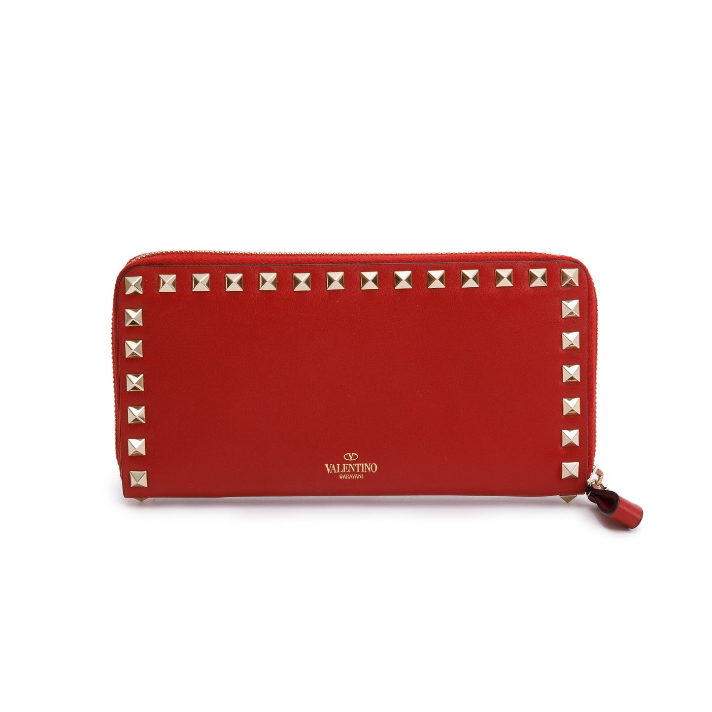 Valentino Red Calfskin Leather Rockstud Zippered Wallet