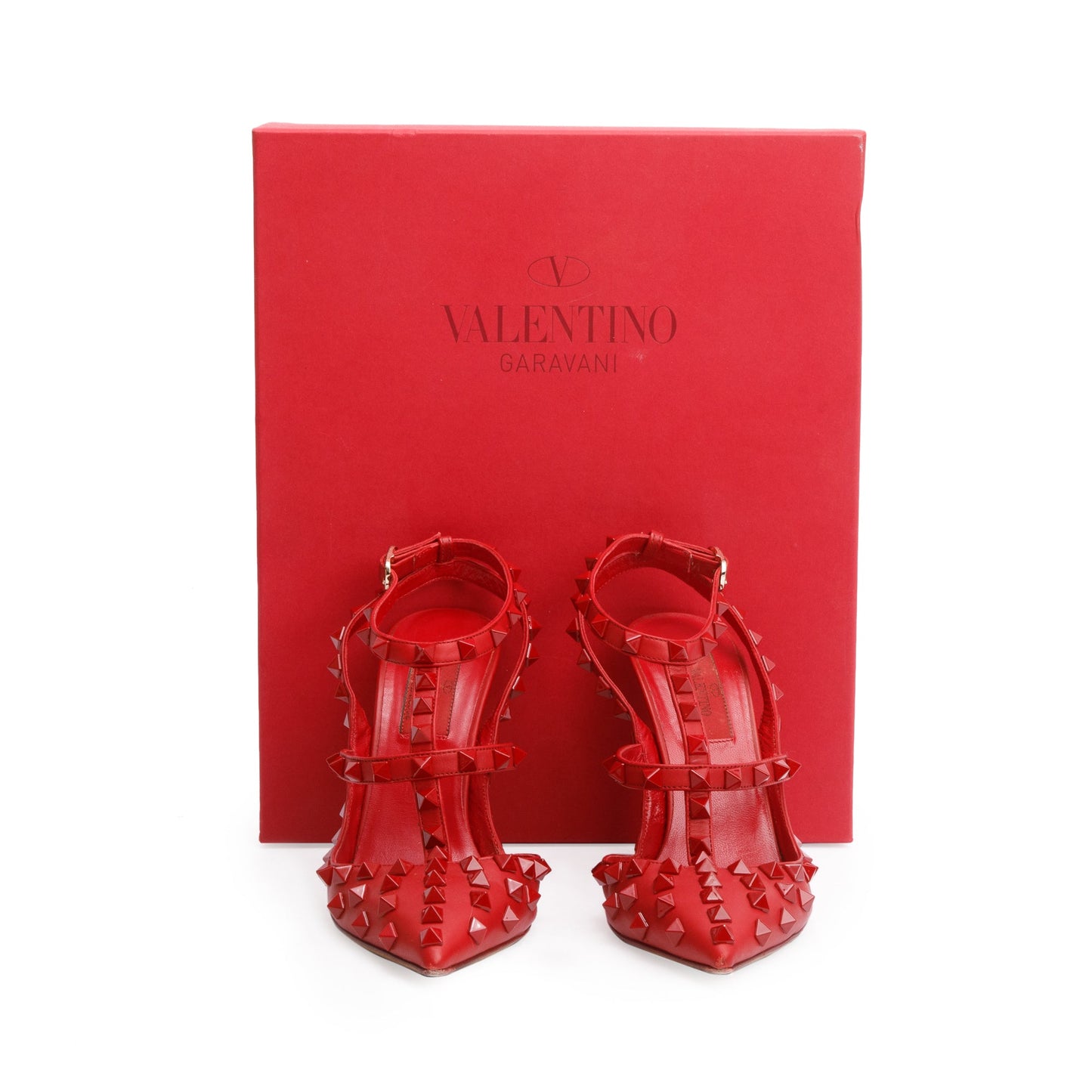 Valentino Red Leather Rockstud Ankle Strap Pumps, Size 36.5