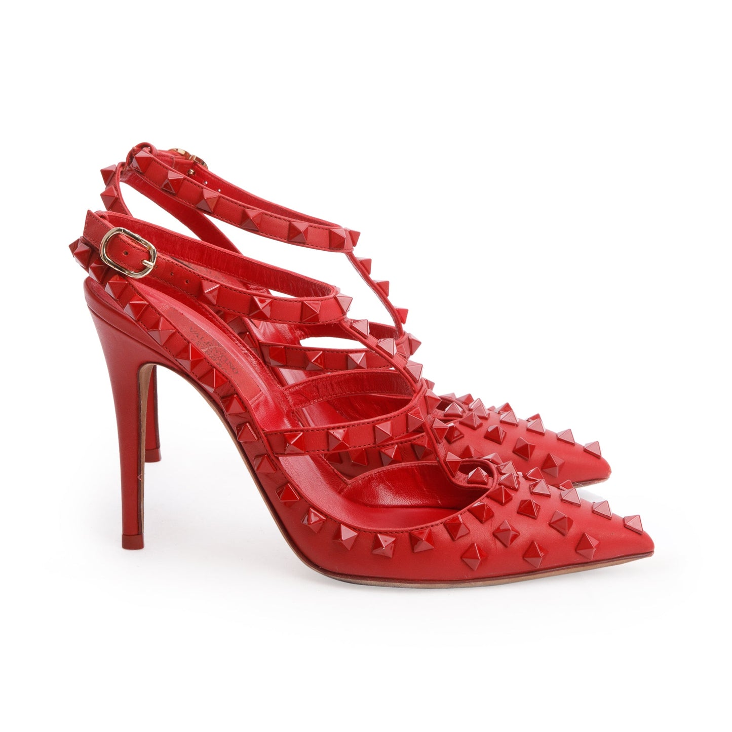 Valentino Red Leather Rockstud Ankle Strap Pumps, Size 36.5