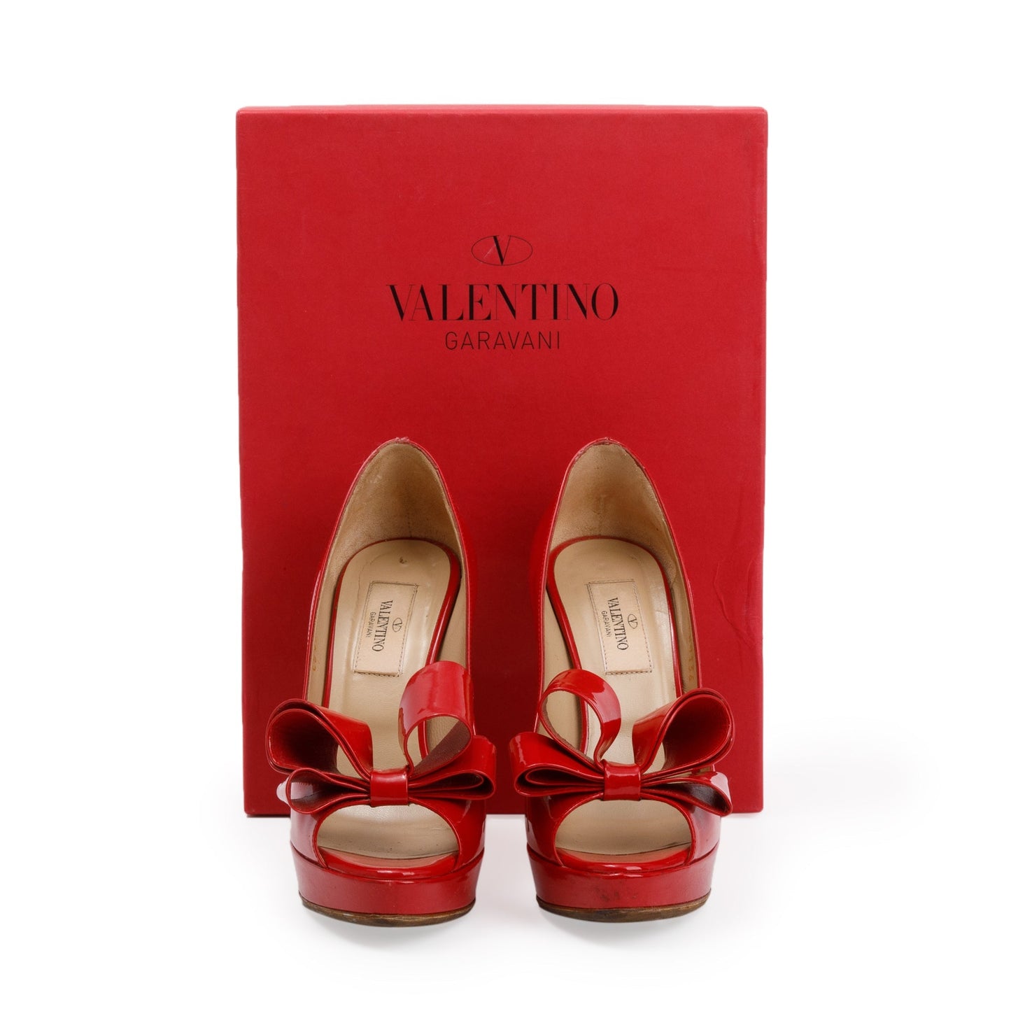 Valentino Red Patent Leather Couture Bow Peep Toe Platform Pumps, Size 36