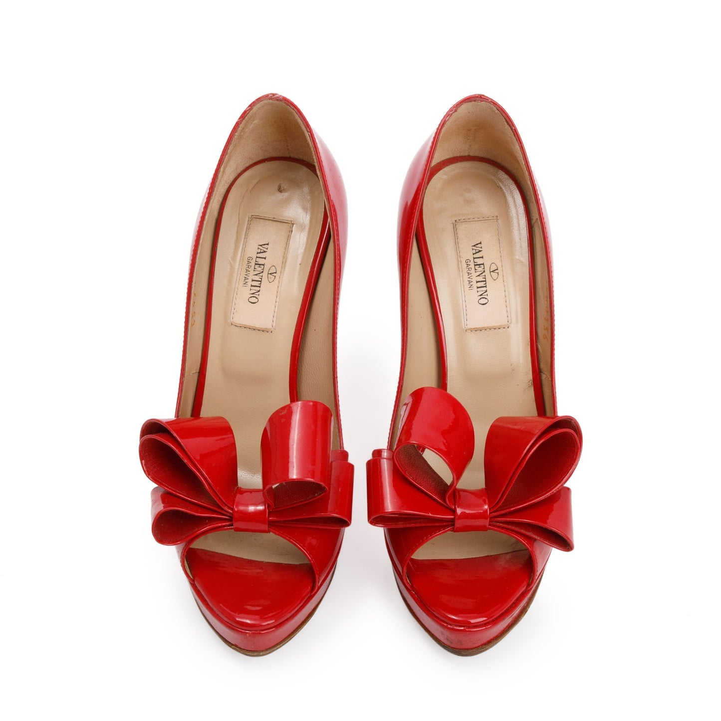 Valentino Red Patent Leather Couture Bow Peep Toe Platform Pumps, Size 36