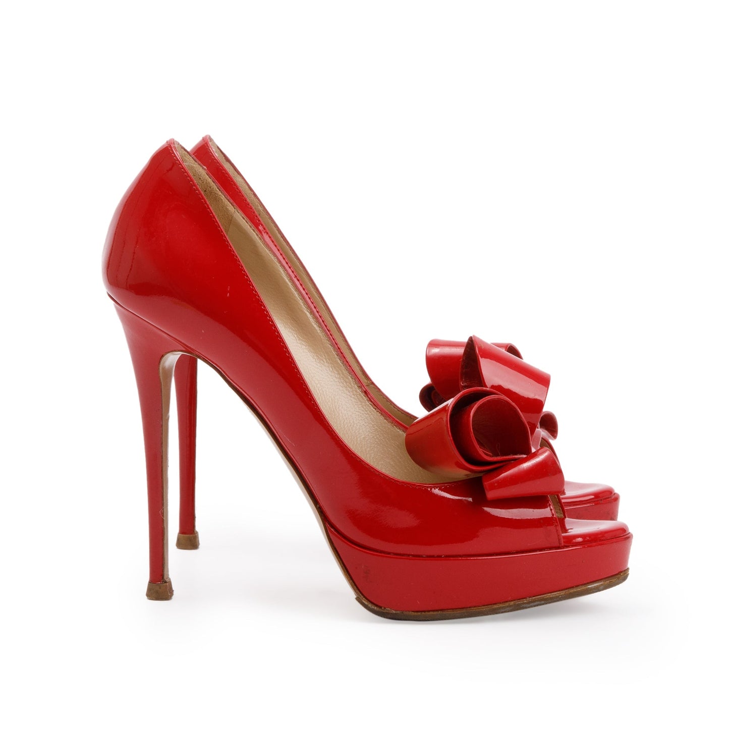 Valentino Red Patent Leather Couture Bow Peep Toe Platform Pumps, Size 36