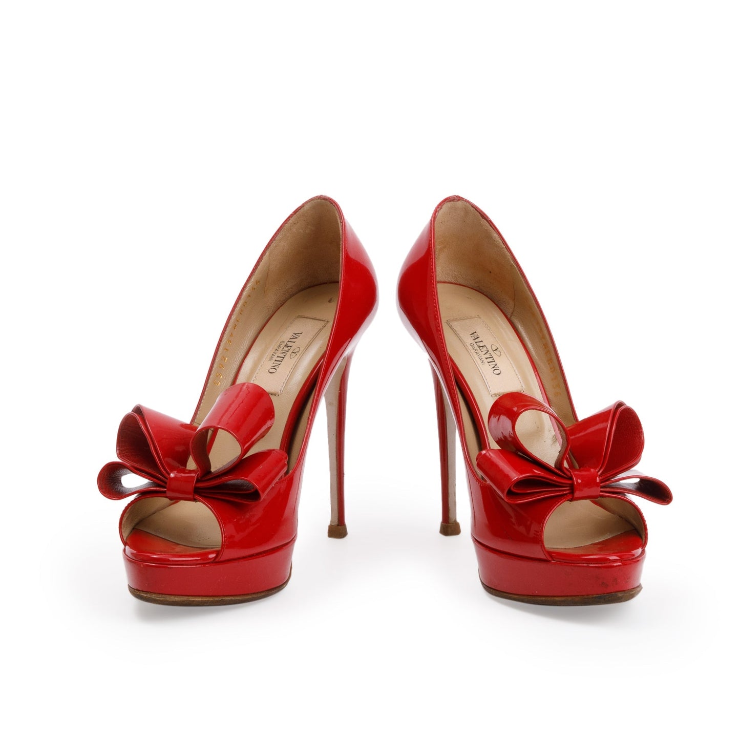 Valentino Red Patent Leather Couture Bow Peep Toe Platform Pumps, Size 36