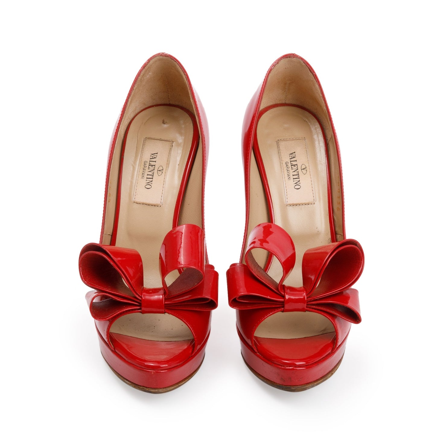 Valentino Red Patent Leather Couture Bow Peep Toe Platform Pumps, Size 36