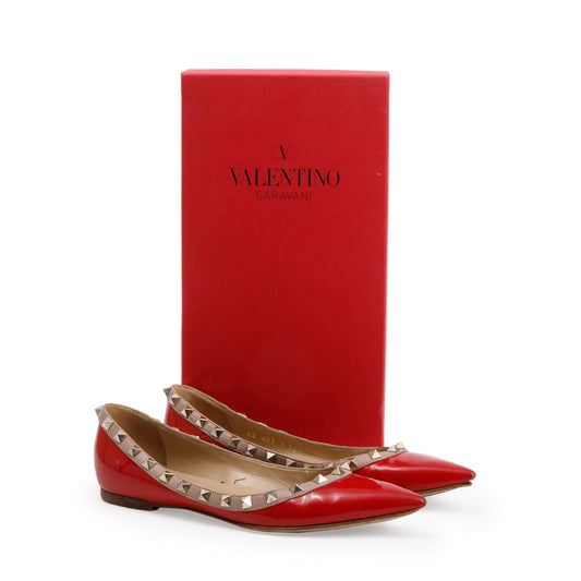 Valentino Red Patent Leather Rockstud Ballet Flat Shoes, Size 36.5