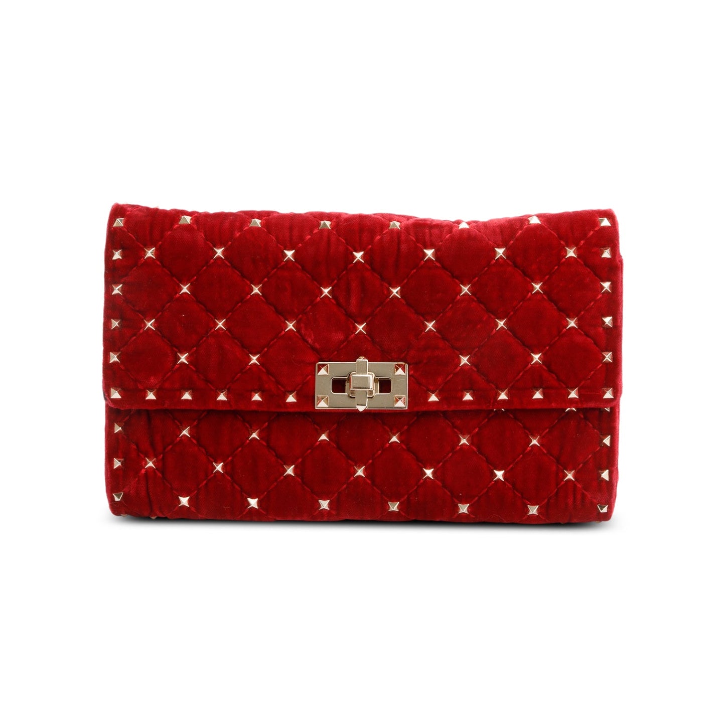 Valentino Red Velvet Rockstud Spike Wallet On Chain
