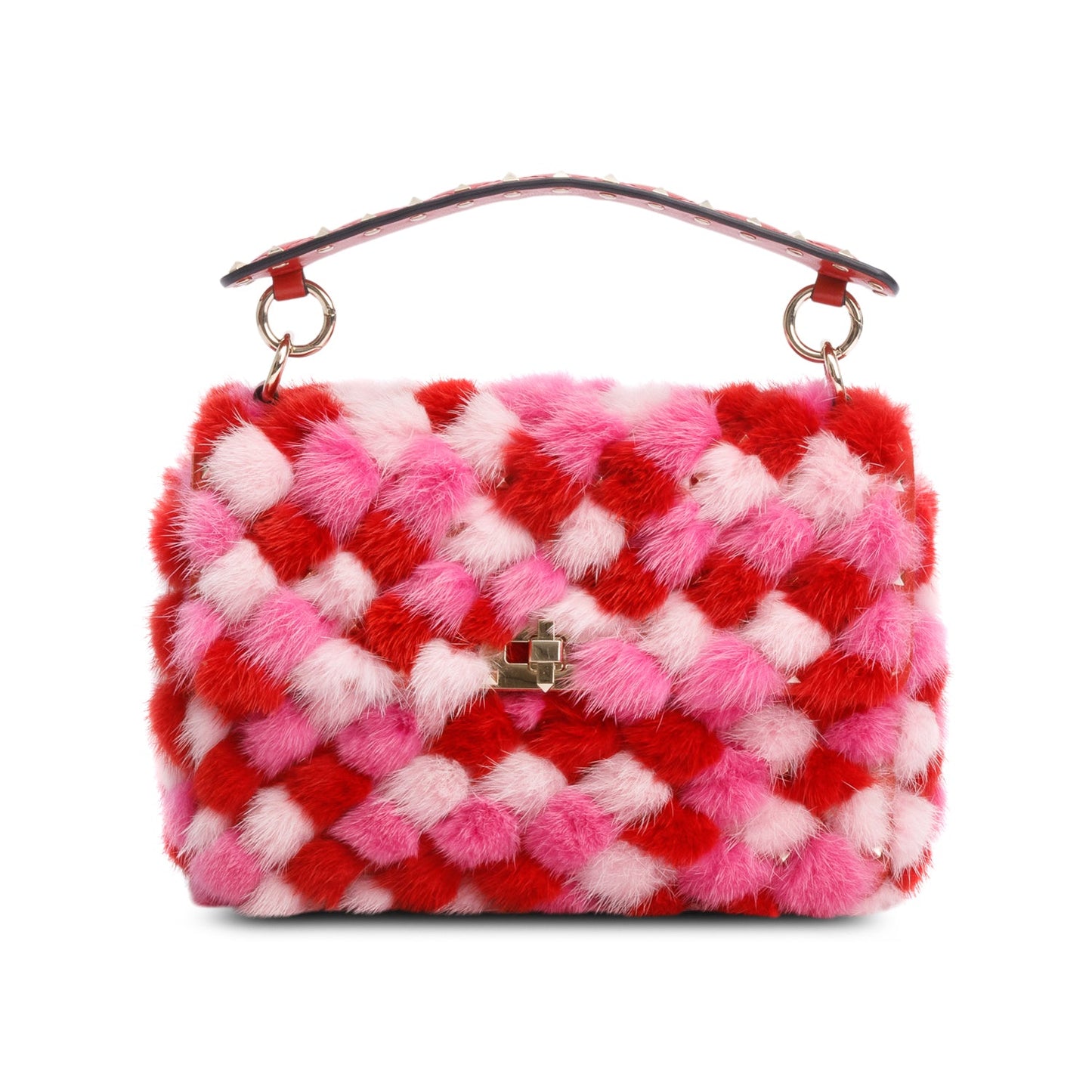 Valentino Red/Pink Leather Mink Spike Rockstud Spike Flap Shoulder Bag