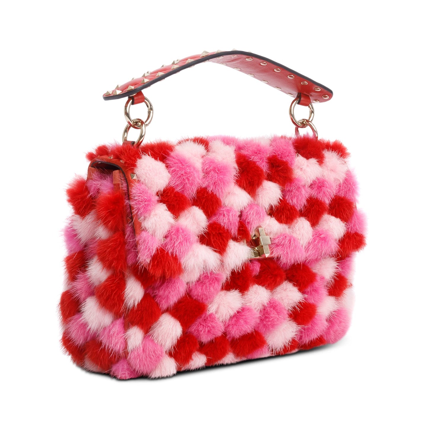 Valentino Red/Pink Leather Mink Spike Rockstud Spike Flap Shoulder Bag