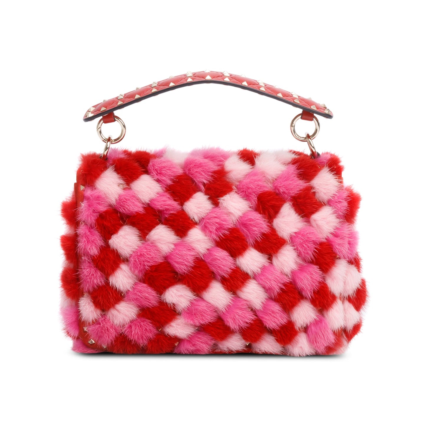 Valentino Red/Pink Leather Mink Spike Rockstud Spike Flap Shoulder Bag