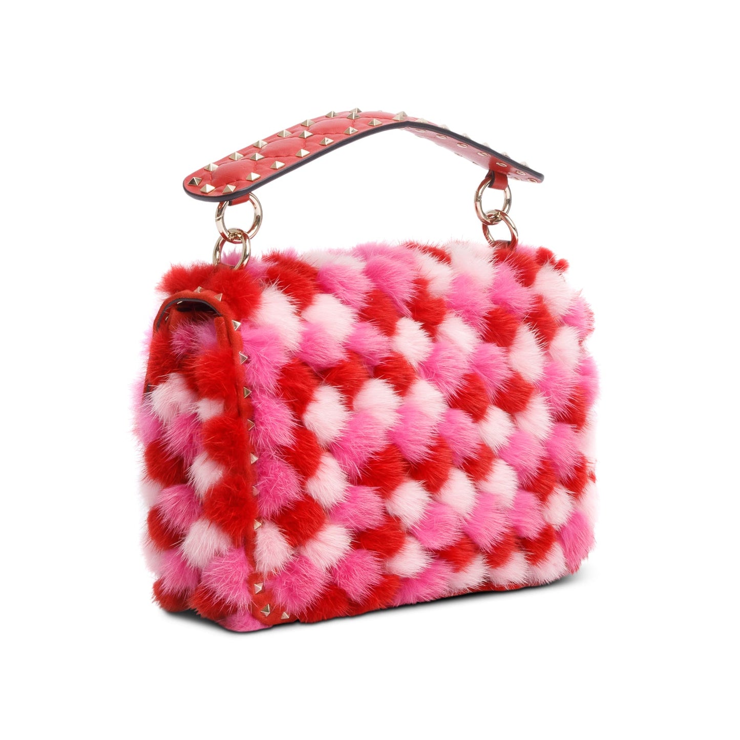 Valentino Red/Pink Leather Mink Spike Rockstud Spike Flap Shoulder Bag