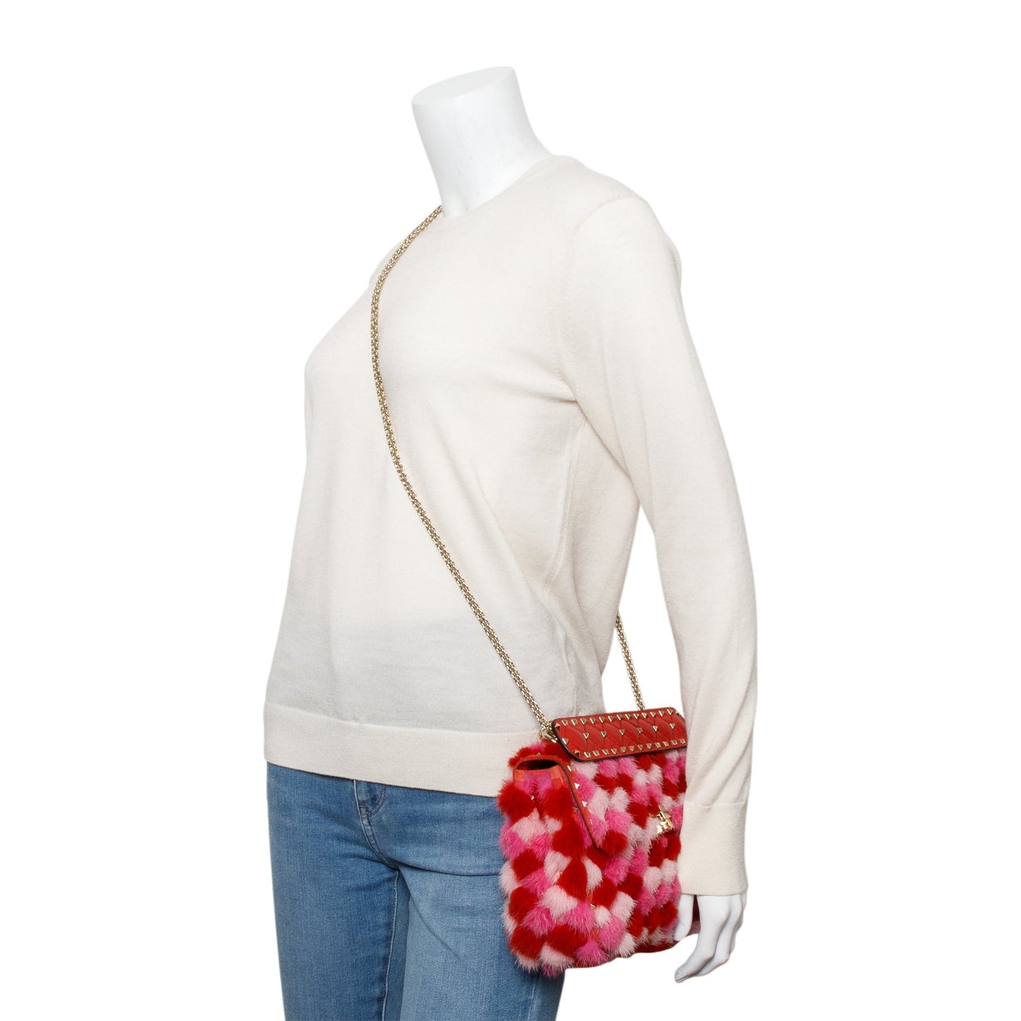 Valentino Red/Pink Leather Mink Spike Rockstud Spike Flap Shoulder Bag