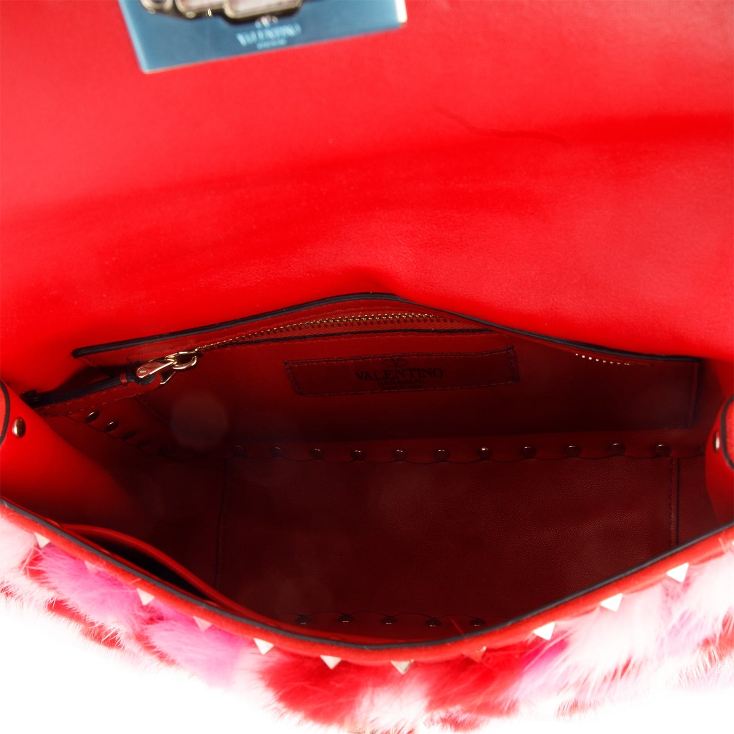 Valentino Red/Pink Leather Mink Spike Rockstud Spike Flap Shoulder Bag