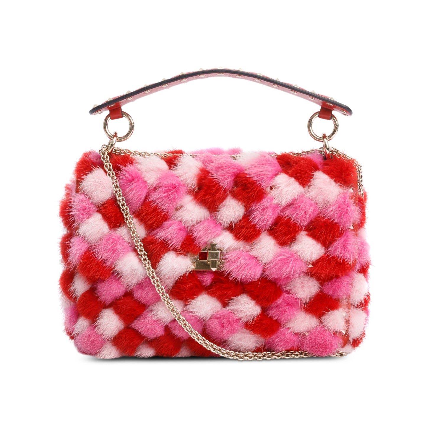 Valentino Red/Pink Leather Mink Spike Rockstud Spike Flap Shoulder Bag