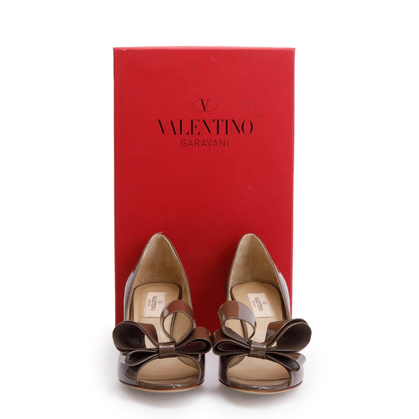 Valentino Taupe Patent Leather Couture Bow Peep Toe Pumps, Size 37.5