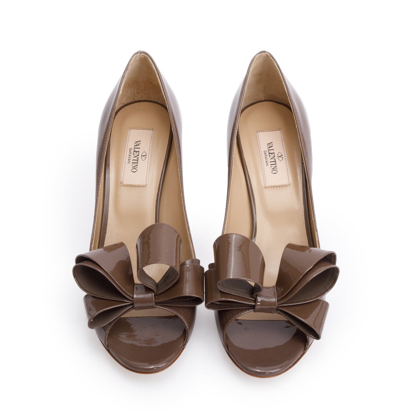 Valentino Taupe Patent Leather Couture Bow Peep Toe Pumps, Size 37.5