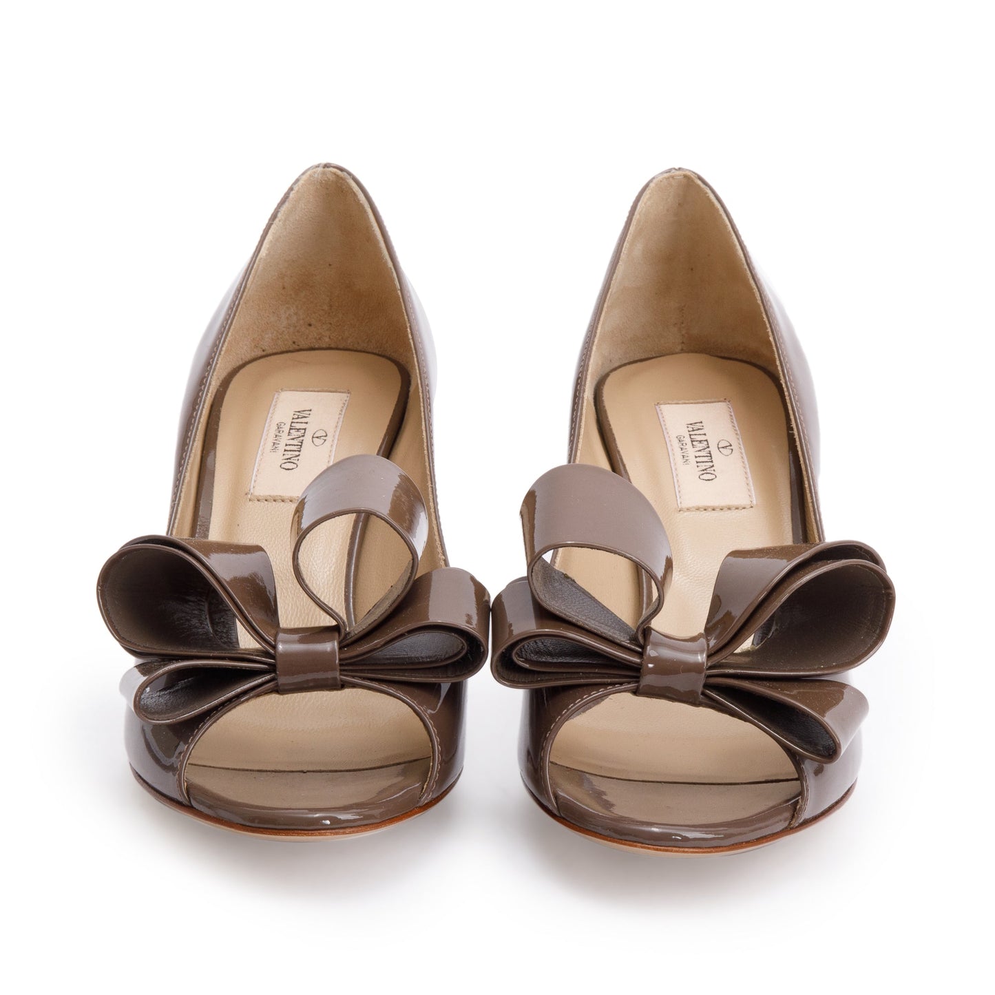 Valentino Taupe Patent Leather Couture Bow Peep Toe Pumps, Size 37.5