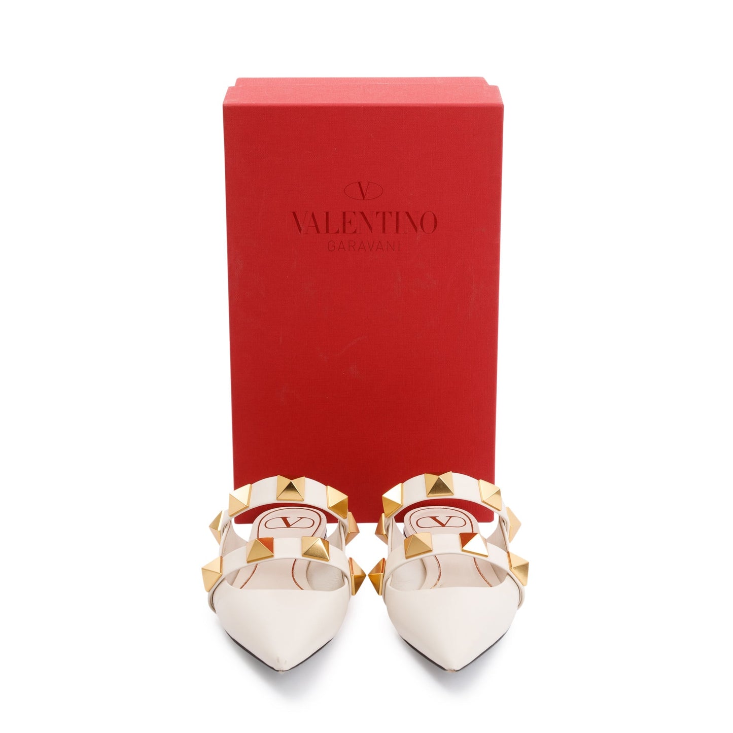 Valentino White Leather Roman Stud Flat Mule, Size 36