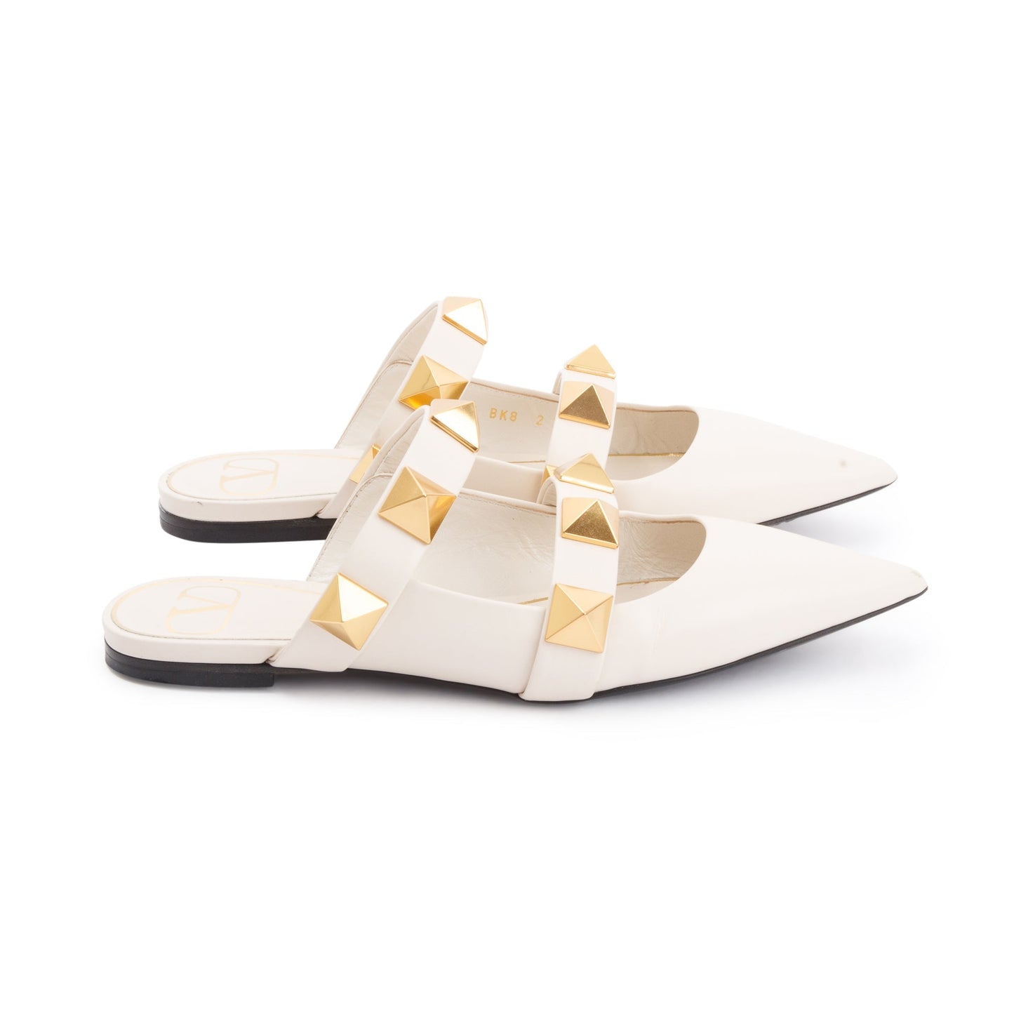 Valentino White Leather Roman Stud Flat Mule, Size 36