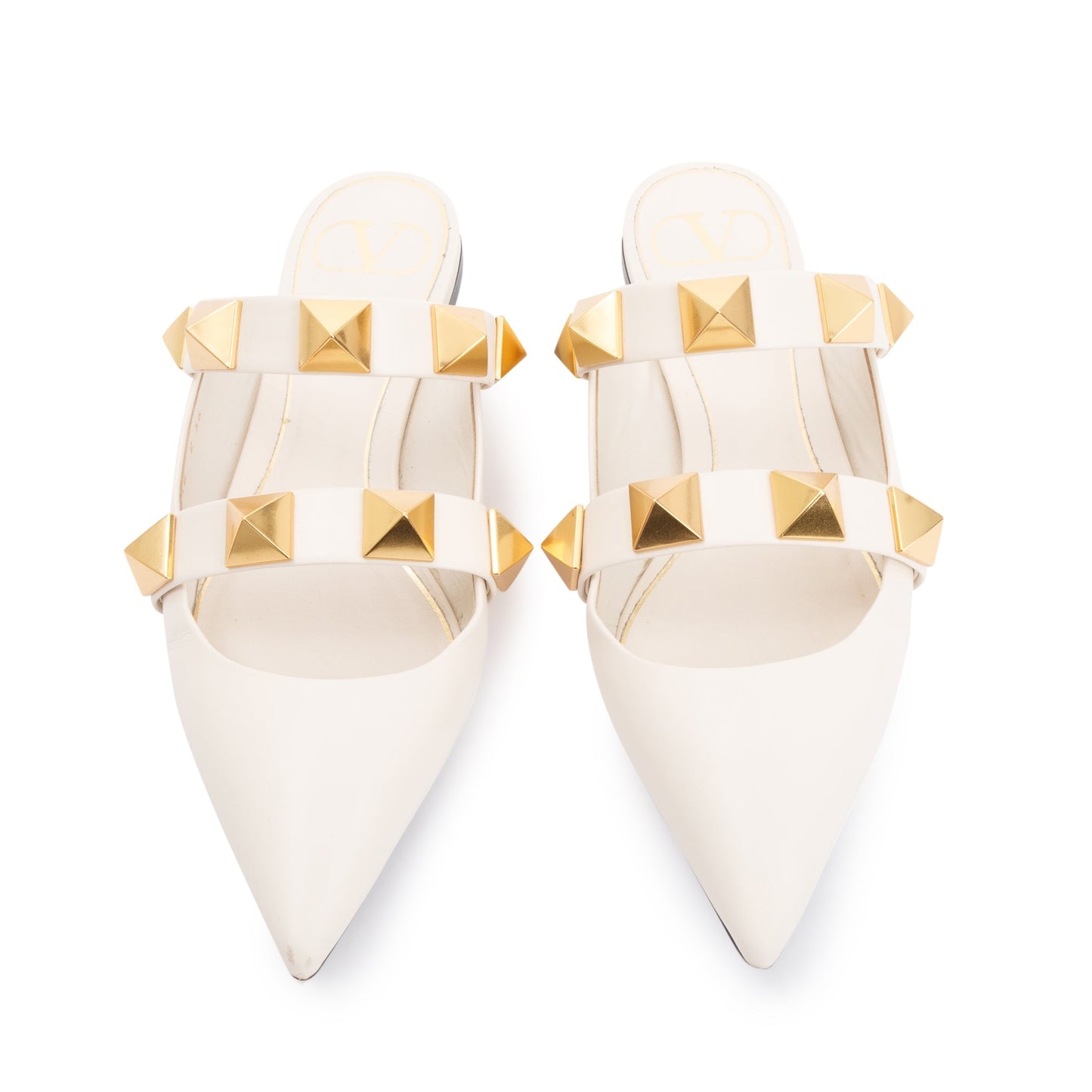 Valentino White Leather Roman Stud Flat Mule, Size 36