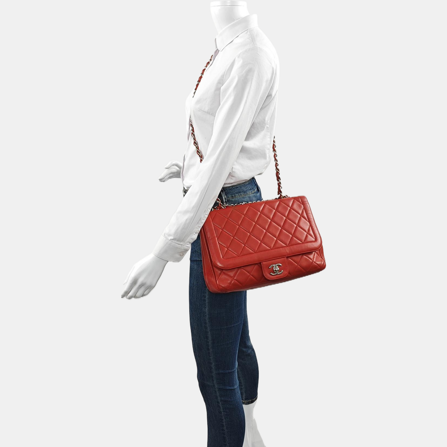 Chanel Classic Flap Single Flap Large Red Lambskin Leather Silver Hardware