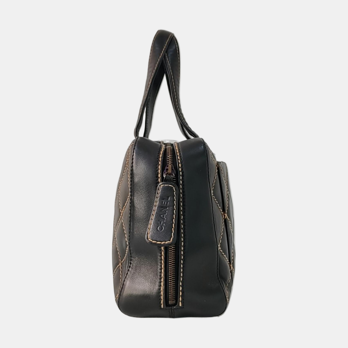 Chanel Boston Wild Stitch Black Top Handle Zip Opening Bag