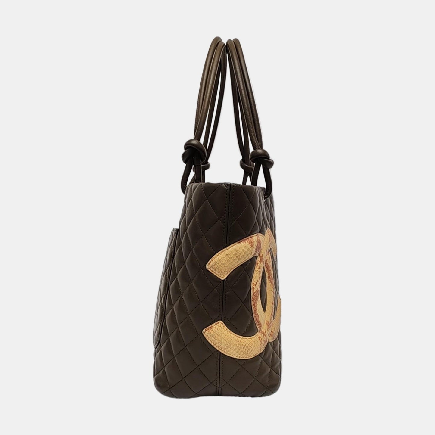 Chanel Cambon Large Tote Olive Green Calfskin Leather Snakeskin Logo