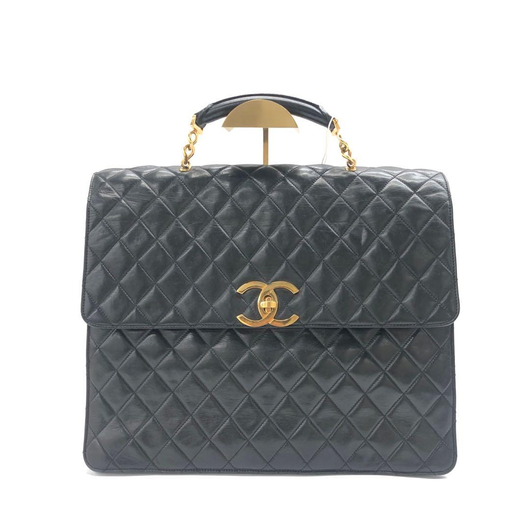 Chanel Vintage Quilted CC Briefcase Black Lambskin Leather Gold Hardware