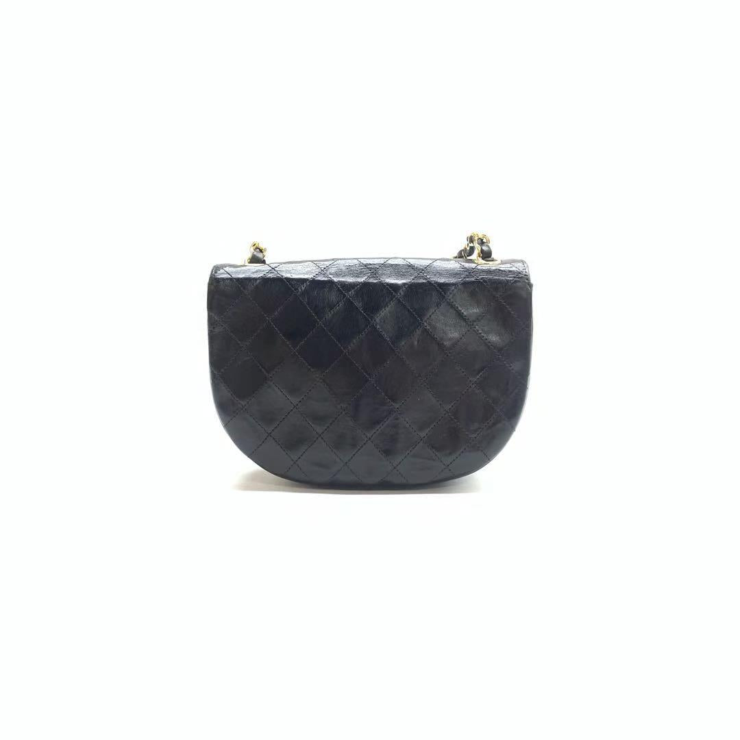 Chanel Vintage Mini Half Moon Flap Bag Black Lambskin Leather Gold Hardware 1986-1988