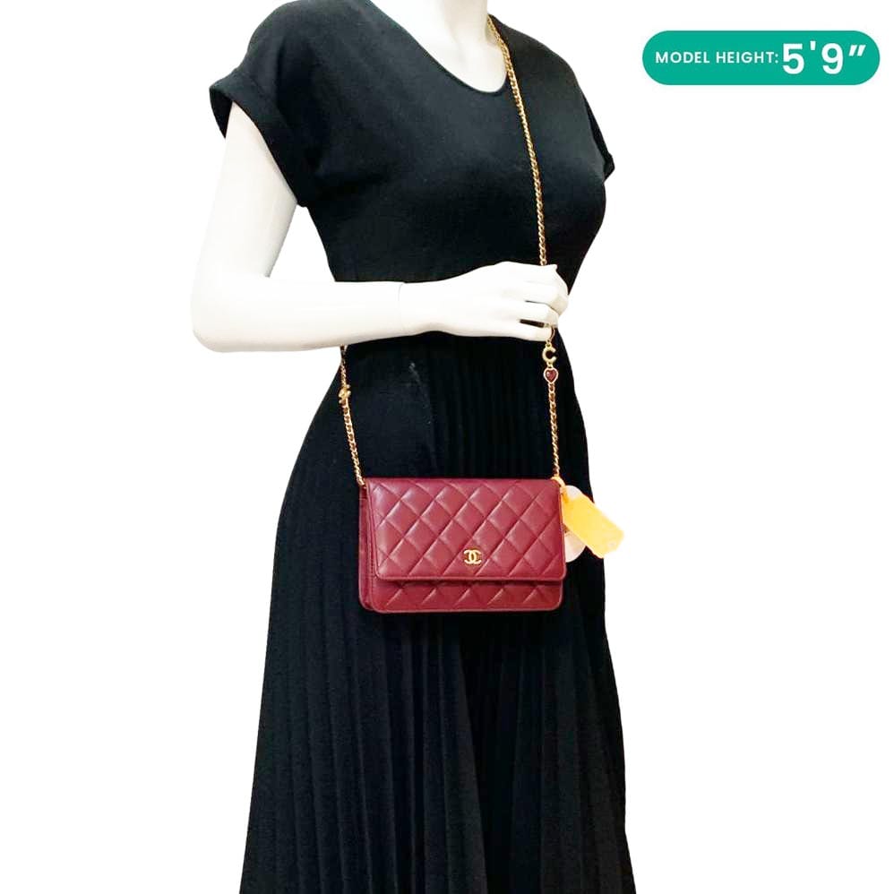 CHANEL Coco Hearts Quilted Leather Wallet On Chain WOC Burgundy