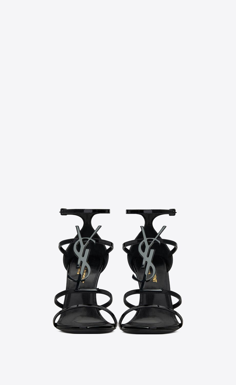YSL CASSANDRA LOGO EMBELLISHED PATENT LEATHER SANDALS