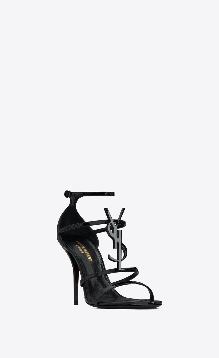 YSL CASSANDRA LOGO EMBELLISHED PATENT LEATHER SANDALS