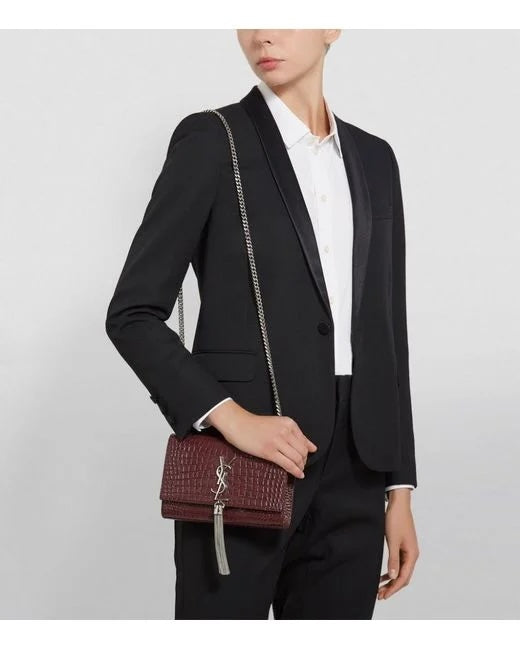 YSL CALFSKIN CROC EMBOSSED KATE MEDIUM TASSEL CHAIN BAG