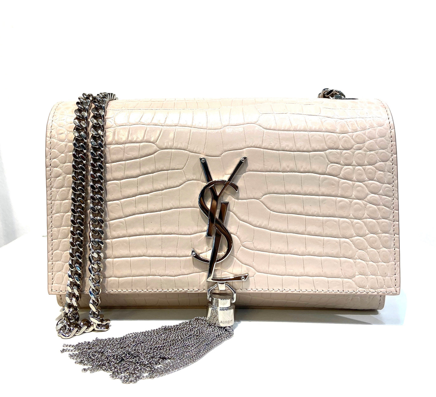 YSL CROC EMBOSSED CALFSKIN MONOGRAM KATE SMALL TASSEL BAG