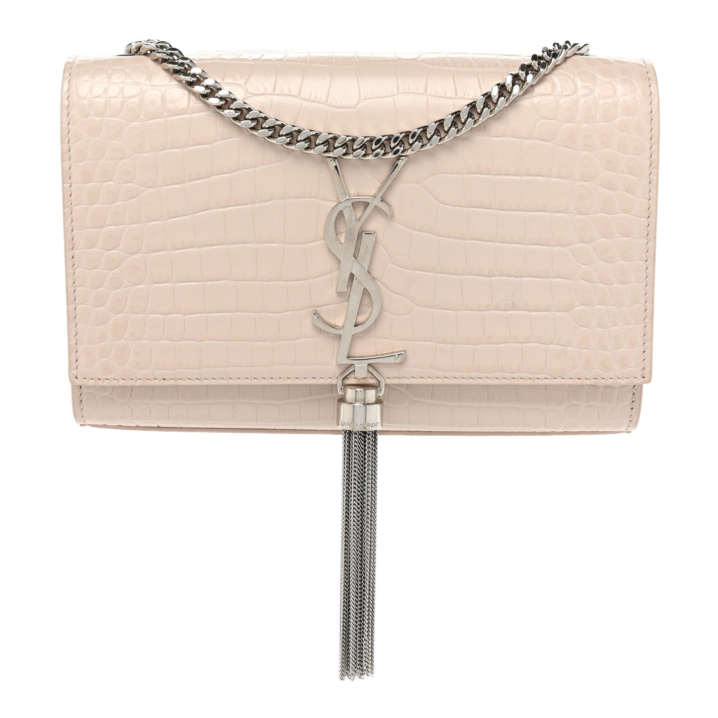 YSL CROC EMBOSSED CALFSKIN MONOGRAM KATE SMALL TASSEL BAG