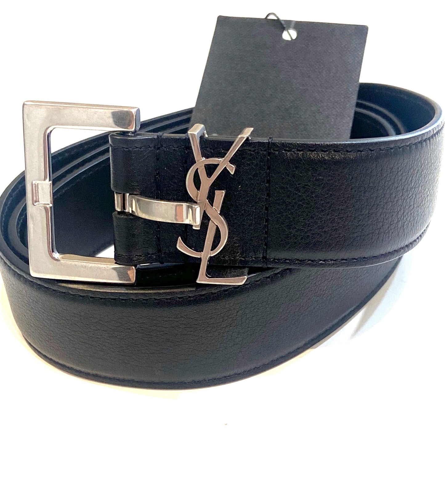 YSL CASSANDRE EMBELLISHED CALFSKIN LEATHER BELT
