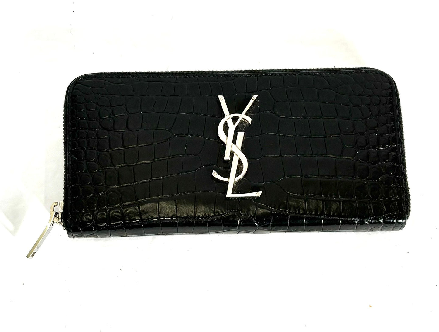 YSL CROC EMBOSSED CALFSKIN LEATHER MONOGRAM ZIP-AROUND WALLET