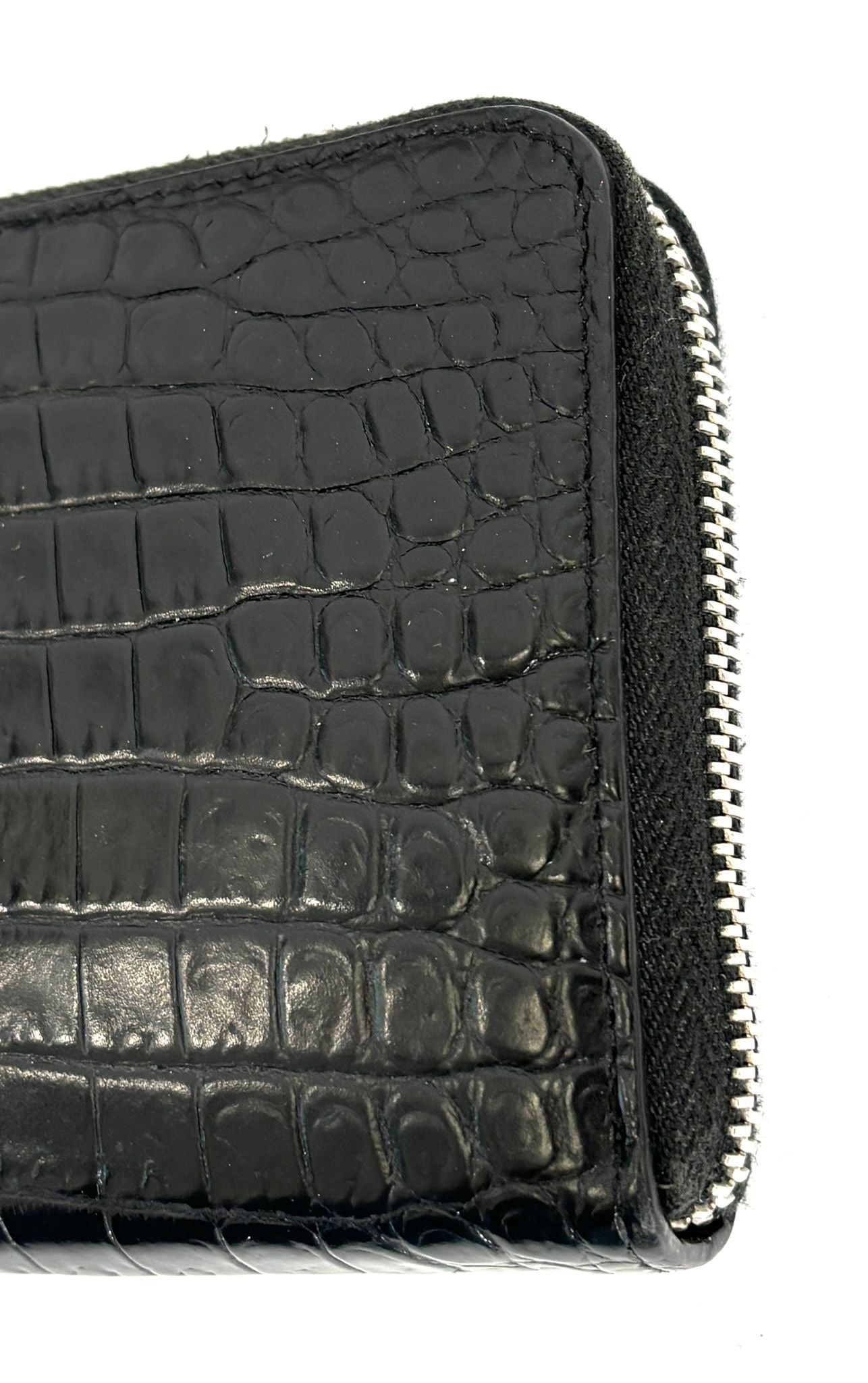 YSL CROC EMBOSSED CALFSKIN LEATHER MONOGRAM ZIP-AROUND WALLET
