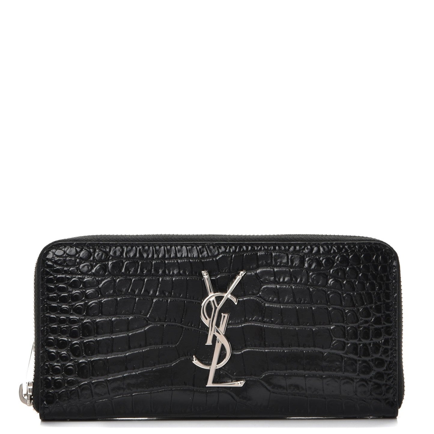 YSL CROC EMBOSSED CALFSKIN LEATHER MONOGRAM ZIP-AROUND WALLET