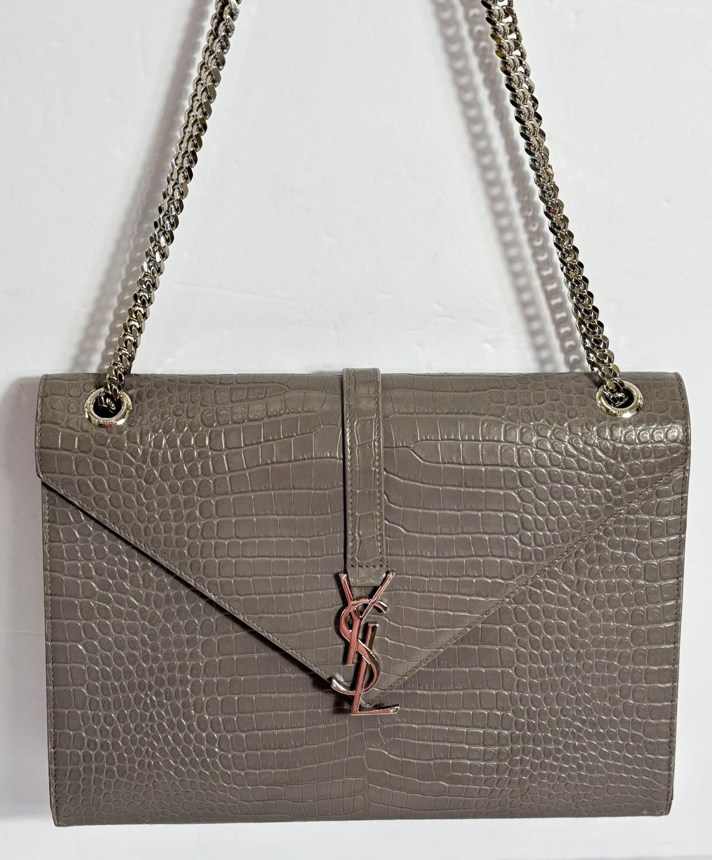 YSL CROC EMBOSSED LEATHER MONOGRAM LARGE SHOULDER BAG