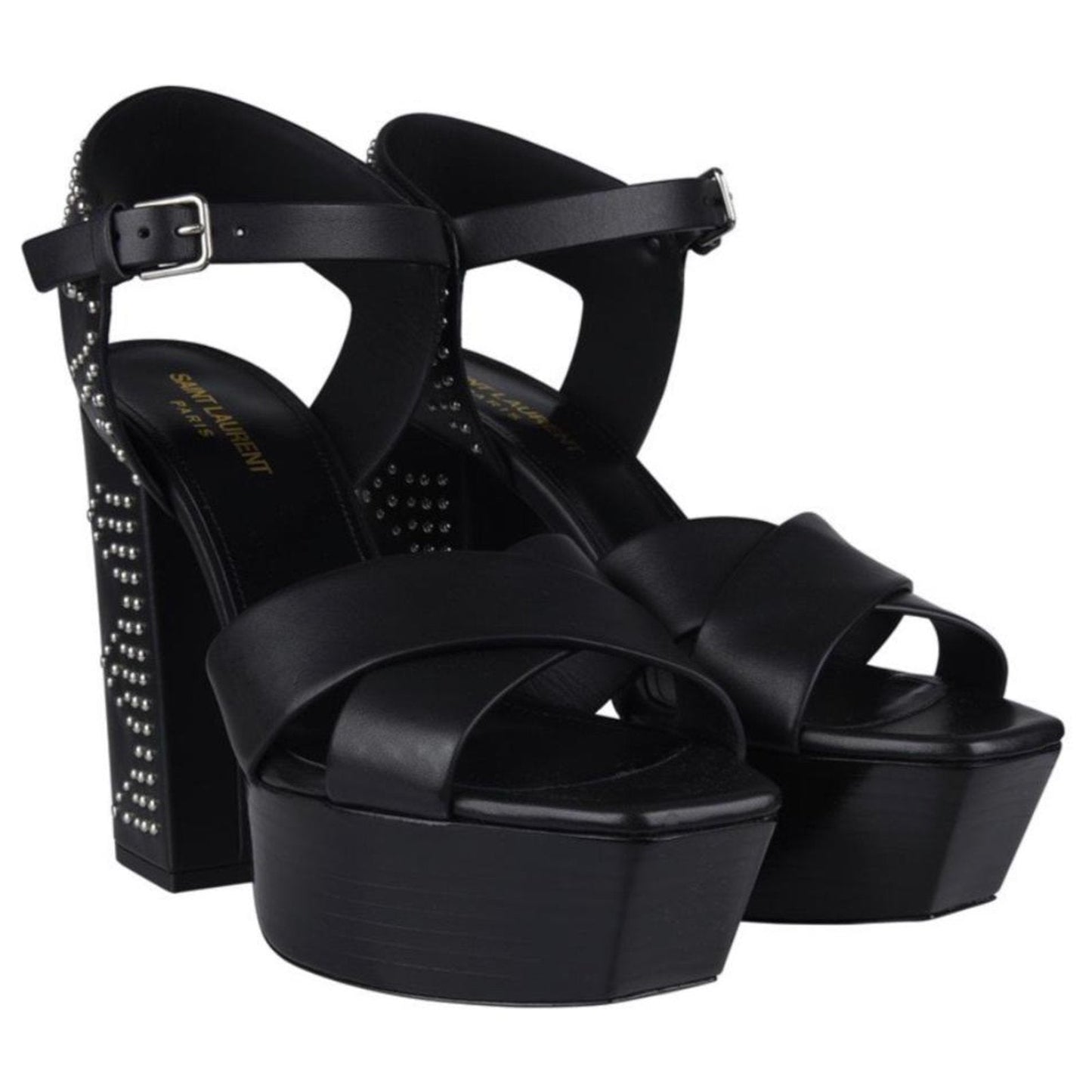 YSL FARRAH STUDDED CALFSKIN LEATHER PLATFORM SANDALS