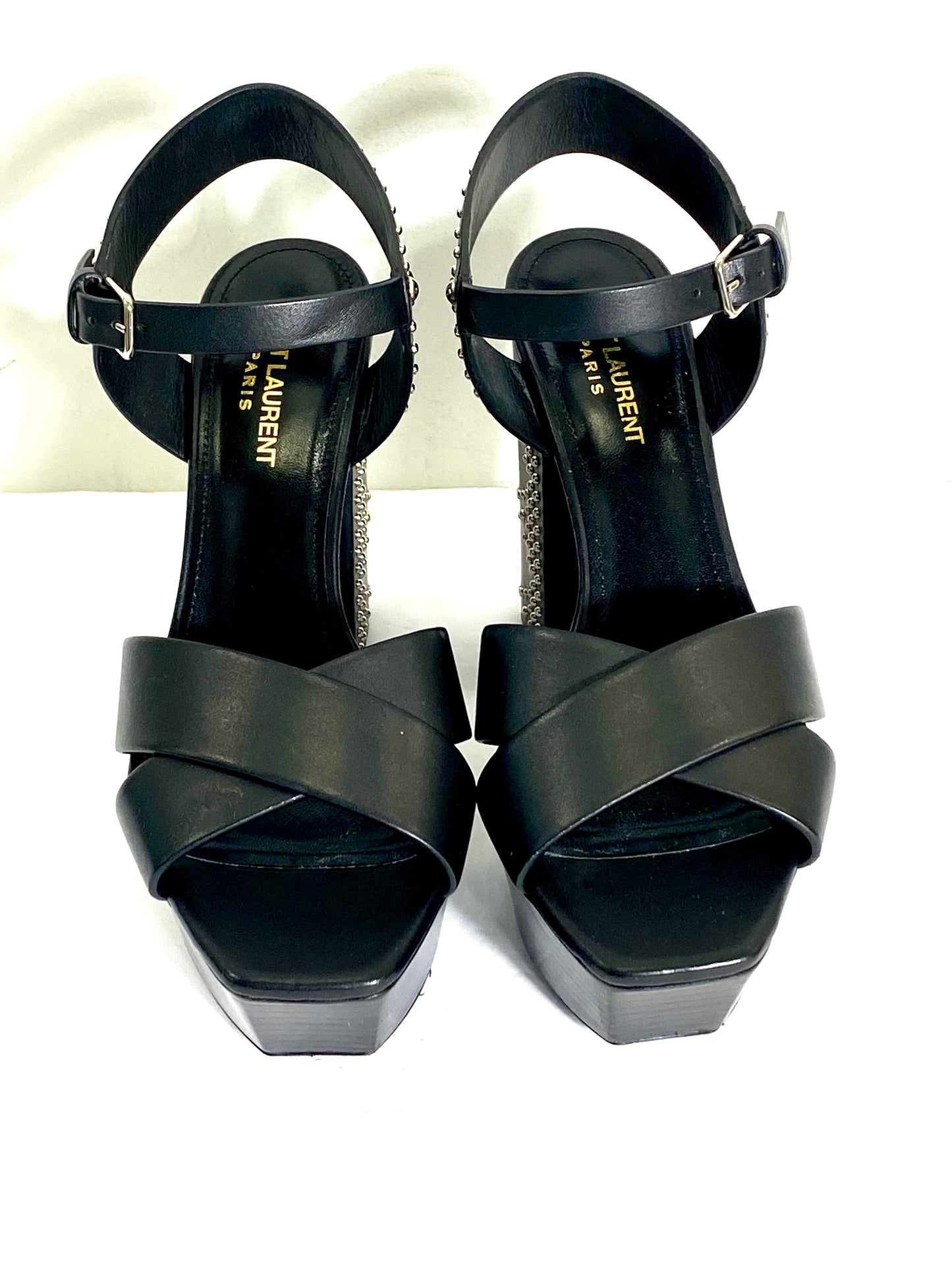 YSL FARRAH STUDDED CALFSKIN LEATHER PLATFORM SANDALS
