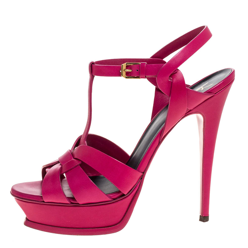 YSL CALFSKIN LEATHER TRIBUTE PLATFORM ANKLE STAP SANDALS