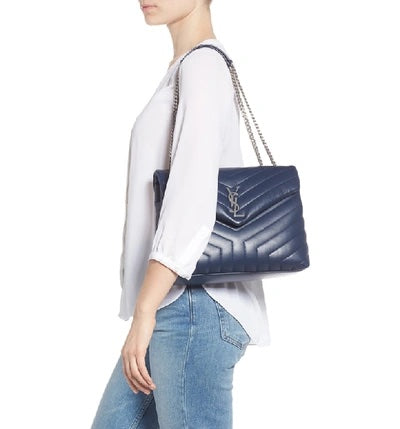 YSL LOULOU CALFSKIN LEATHER MEDIUM SHOULDER BAG IN DENIM BLUE