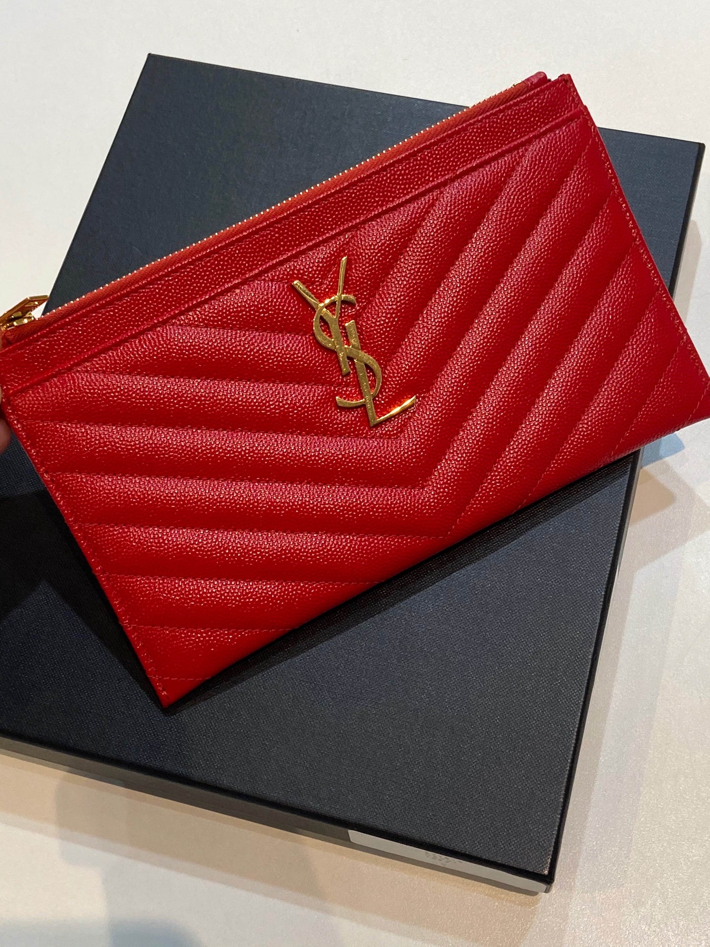 YSL MONOGRAM CHEVRON QUILTED LEATHER POUCH
