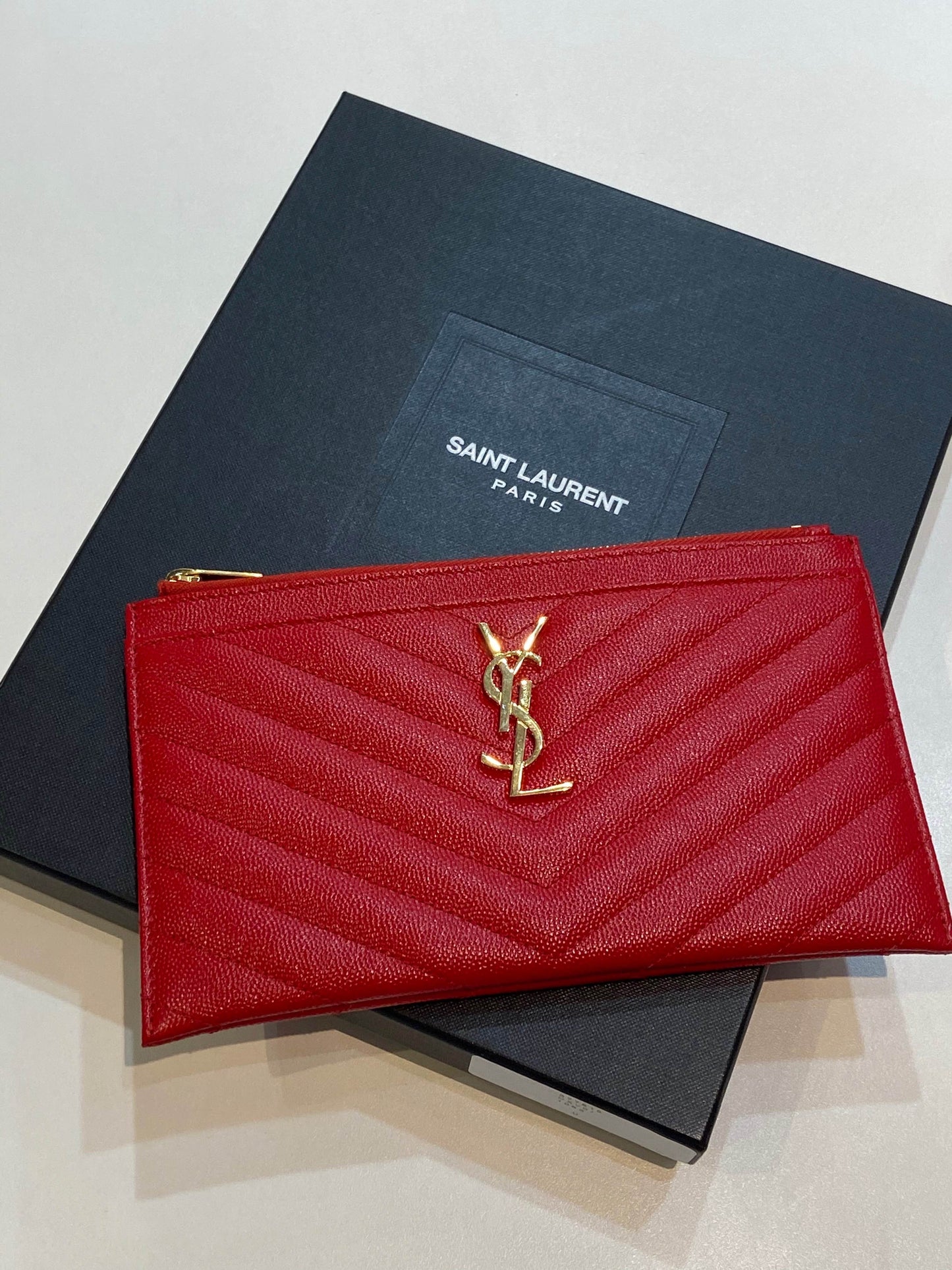 YSL MONOGRAM CHEVRON QUILTED LEATHER POUCH