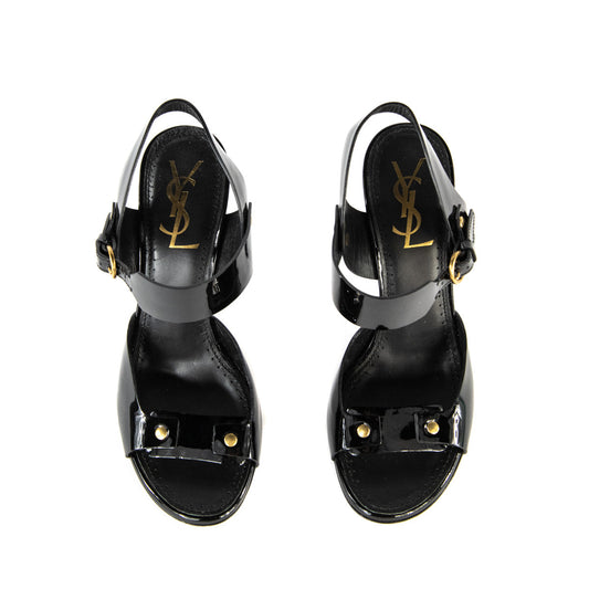 Luxury Saint Laurent Trending 2025 Black Patent Leather Slingback Sandals Size 7 | EU 37