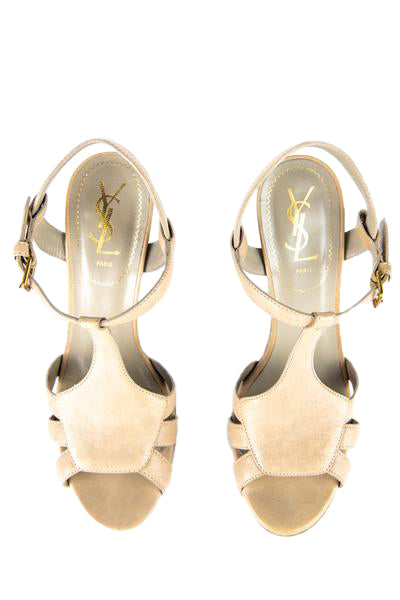 Luxury Saint Laurent Trending 2025 Beige Leather and Stingray Platform Sandals Size US 8 | EU 38
