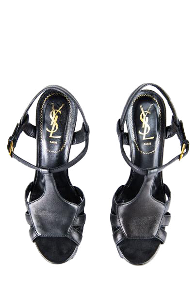 Luxury Saint Laurent Trending 2025 Black Leather and Stingray Platform Sandals Size US 8 | EU 38
