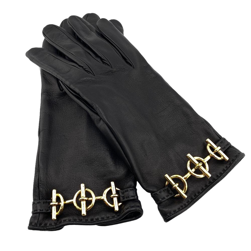 HERMES gloves leather black Globe # 7 1/2 Chene Dunkle Women