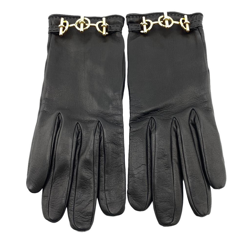 HERMES gloves leather black Globe # 7 1/2 Chene Dunkle Women